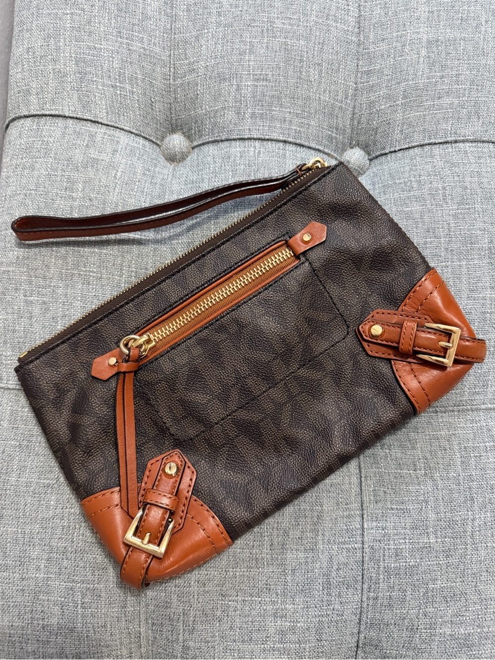 Michael Kors Brown Wristlet Clutch pouch with Tan Trim